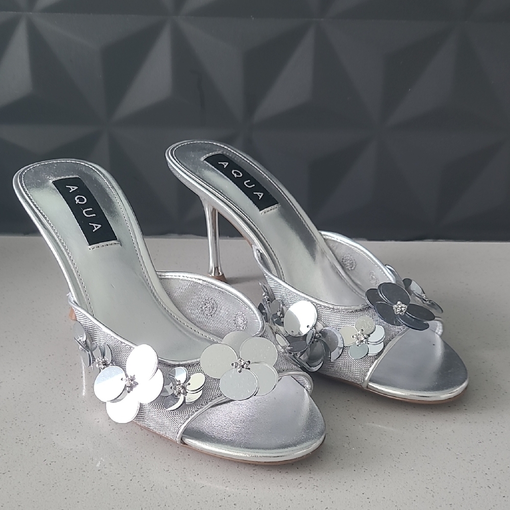 New Aqua Metallic Floral Embellished Heels